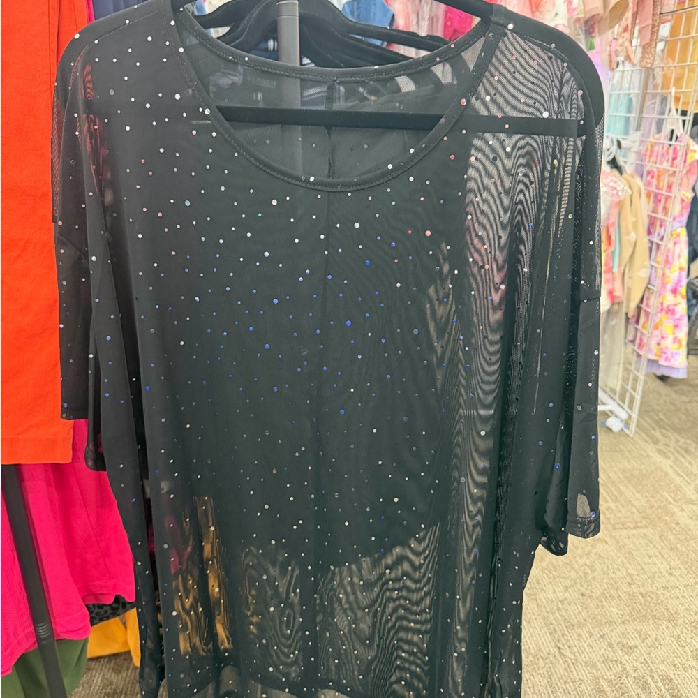 Black Sheer Studded Women's Top - Picture 3 of 6